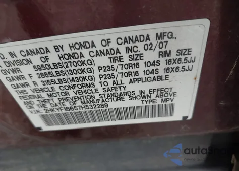 2007 Honda Pilot Ex-L из США, поврежденный, VIN 2HKYF18657H532289